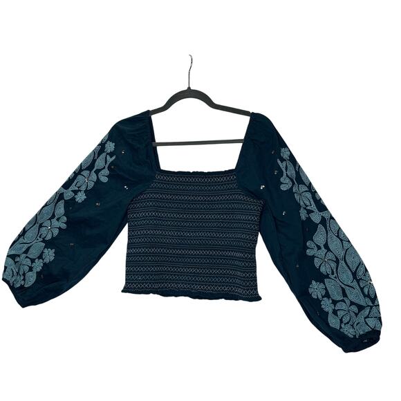 By Anthropologie Smocked Embroidered Floral Top Women’s XS Turquoise Green $98 - Picture 8 of 8